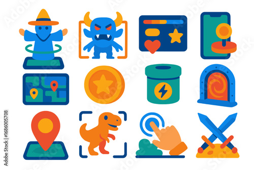 AR Gaming Icon Set. Flat vector icons of AR gaming: character summon, enemy overlay, score HUD, AR joystick, interactive map,