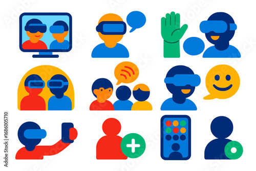 VR Social Icons. Flat vector icons of VR social interaction: virtual meetup, VR chat, avatar gestures, shared space, group voice