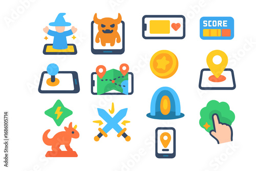 AR Gaming Icon Set. Flat vector icons of AR gaming: character summon, enemy overlay, score HUD, AR joystick, interactive map,