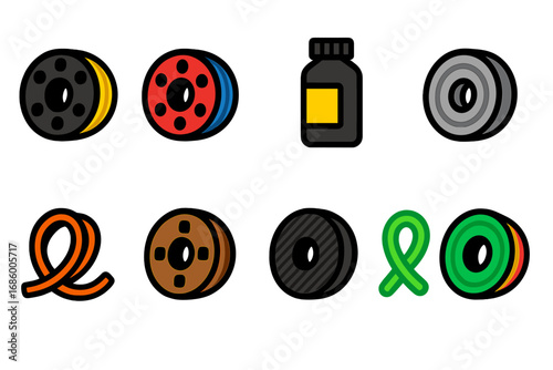 3D Printing Materials Icons. Flat vector icons of 3D printing materials: PLA filament, ABS filament, PETG spool, resin bottle,