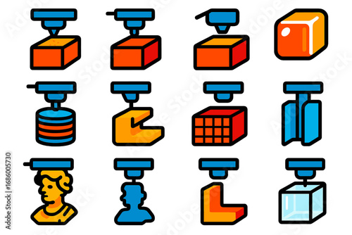 3D Print Icon Set. Flat vector icons of 3D print quality types: rough finish, smooth finish, matte texture, glossy surface,