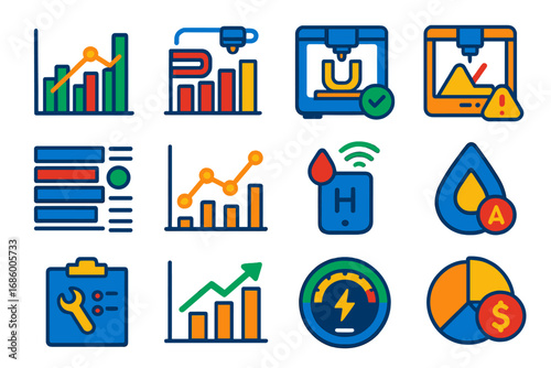 3D Printing Analytics Icons. Flat vector icons of 3D printing statistics and analytics: print time chart, filament usage graph,