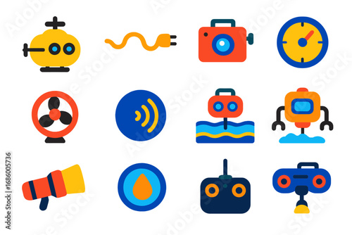 Underwater Drone Icons. Flat vector icons of underwater drones: submarine drone, tether cable, underwater camera, depth gauge,