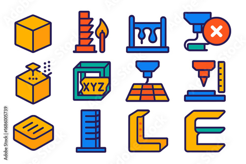 3D Printing Tools Icons. Flat vector icons of 3D printing calibration tools: calibration cube, temperature tower, retraction test,