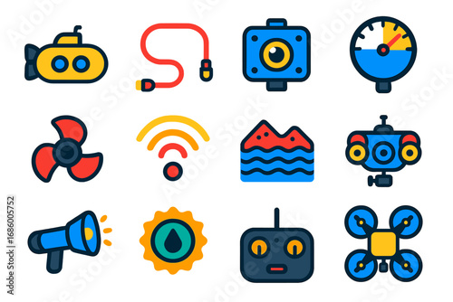 Underwater Drone Icons. Flat vector icons of underwater drones: submarine drone, tether cable, underwater camera, depth gauge,
