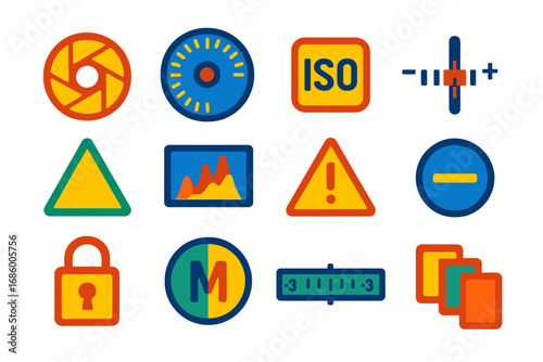 Camera Exposure Icons. Flat vector icons of camera exposure elements: aperture icon, shutter speed dial, ISO indicator, light