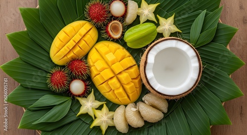 Tropical fruits arrangement with mango, coconut, rambutan, and starfruit