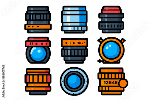 Vintage Lens Icons. Flat vector icons of vintage lenses: manual aperture ring, silver lens barrel, screw-mount lens, engraved
