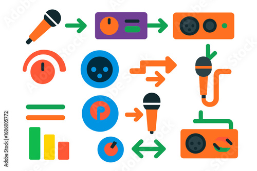 Audio Signal Flow Icons. Flat vector icons of microphone signal flow: mic to preamp, preamp to interface, gain stage, XLR to