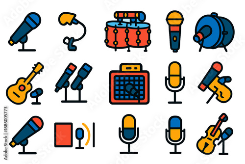 Bright Microphone Icons. Flat vector icons of microphones for instruments: instrument mic, clip-on horn mic, drum mic pack, kick
