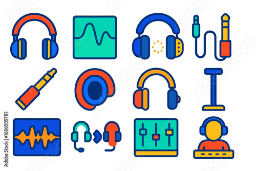 Music Production Icons. Flat vector icons of headphones for music production: reference headphones, flat response icon, studio