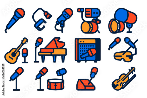 Bright Microphone Icons. Flat vector icons of microphones for instruments: instrument mic, clip-on horn mic, drum mic pack, kick