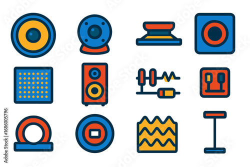 Speaker Component Icons. Flat vector icons of speaker components: woofer cone, tweeter dome, midrange driver, bass reflex port,