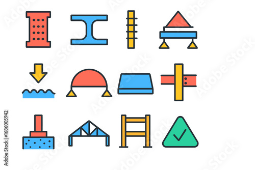 Structural Engineering Icons. Flat vector icons of structural engineering: column section, beam icon, reinforcement bar, load