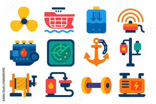 Marine Engineering Icons. Flat vector icons of marine engineering: ship propeller, hull design, ballast tank, sonar system, engine