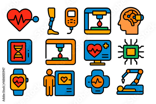 Biomedical Engineering Icons. Flat vector icons of biomedical engineering: heart sensor, prosthetic limb, medical device,