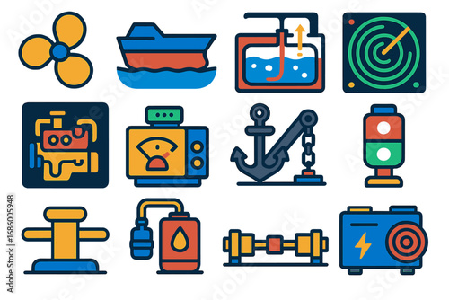 Marine Engineering Icons. Flat vector icons of marine engineering: ship propeller, hull design, ballast tank, sonar system, engine
