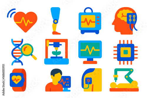 Biomedical Engineering Icons. Flat vector icons of biomedical engineering: heart sensor, prosthetic limb, medical device,
