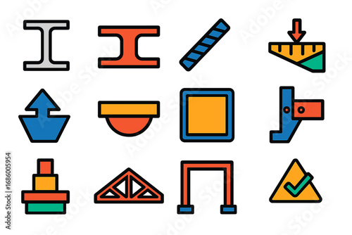 Structural Engineering Icons. Flat vector icons of structural engineering: column section, beam icon, reinforcement bar, load