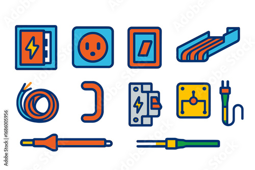 Modern Electrical Icons. Flat vector icons of electrical construction: electrical panel, wall outlet, light switch, cable tray,