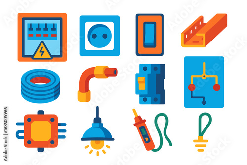 Modern Electrical Icons. Flat vector icons of electrical construction: electrical panel, wall outlet, light switch, cable tray,