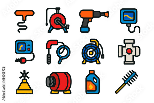 Drain Cleaning Icons. Flat vector icons of drain cleaning equipment: handheld auger, drum machine, drain blaster, jetting nozzle,