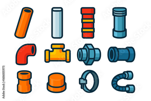 Modern Plumbing Icons. Flat vector icons of plumbing pipes and connectors: copper pipe, PVC pipe, PEX tubing, galvanized pipe,