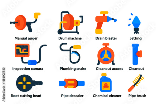 Drain Cleaning Icons. Flat vector icons of drain cleaning equipment: handheld auger, drum machine, drain blaster, jetting nozzle,