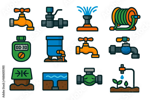Outdoor Plumbing Icons. Flat vector icons of outdoor plumbing: hose bibb, irrigation valve, sprinkler head, garden hose reel,