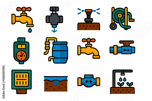 Outdoor Plumbing Icons. Flat vector icons of outdoor plumbing: hose bibb, irrigation valve, sprinkler head, garden hose reel,