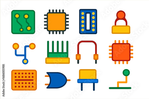 Modern Circuit Icons. Flat vector icons of electronic circuit boards: PCB board, surface-mount chip, IC socket, solder point,