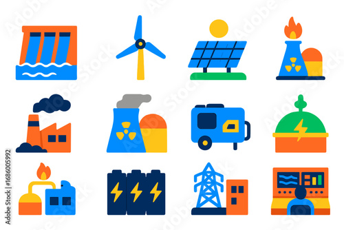 Power Source Icons. Flat vector icons of power generation sources: hydroelectric dam, wind turbine, solar array, gas turbine, coal