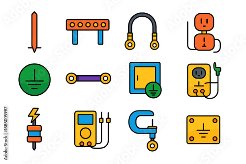 Electrical Grounding Icons. Flat vector icons of electrical grounding and bonding: ground rod, ground bar, bonding jumper,