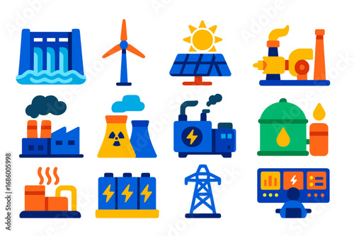 Power Source Icons. Flat vector icons of power generation sources: hydroelectric dam, wind turbine, solar array, gas turbine, coal