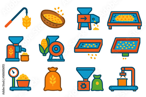 Grain Processing Icons. Flat vector icons of grain processing after harvest: threshing tool, winnowing basket, grain cleaner,