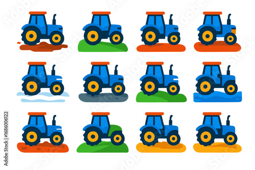 Tractor Terrain Icons. Flat vector icons of tractors on different terrain: muddy field, grassy hill, dry soil, snowy track, gravel