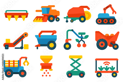 Modern Farm Machinery Icons. Flat vector icons of mechanized harvest equipment: combine header, automatic harvester, baler, field
