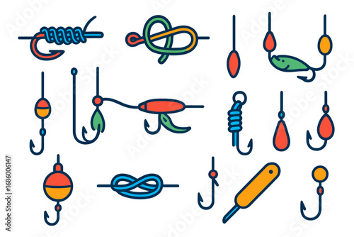 Fishing Knot Icons. Flat vector icons of fishing knots and rigs: improved clinch knot, palomar knot, loop knot, drop shot rig,