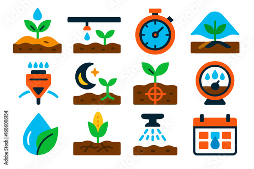 Water Conservation Icons. Flat vector icons of water conservation in irrigation: moisture-saving mulch, drip irrigation efficiency