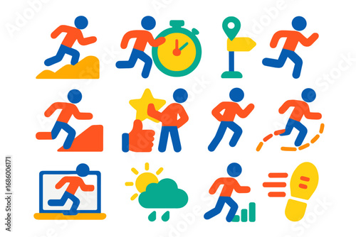 Running Challenge Icons. Flat vector icons of running challenges: hill repeats, speed intervals, distance goal, time trial,
