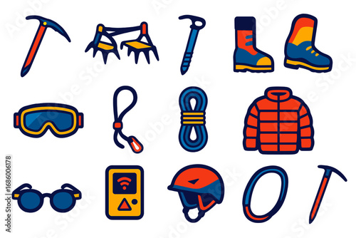 Ice Climbing Gear Icons. Flat vector icons of ice climbing gear: ice axe, crampons, ice screw, insulated boots, snow goggles, ice