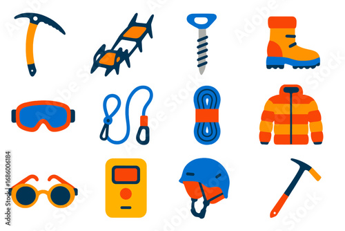 Ice Climbing Gear Icons. Flat vector icons of ice climbing gear: ice axe, crampons, ice screw, insulated boots, snow goggles, ice
