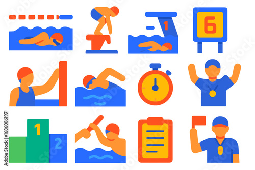 Swimming Competition Icons. Flat vector icons of swimming competitions: swim lane, race start, dive block, finish touch, swimmer