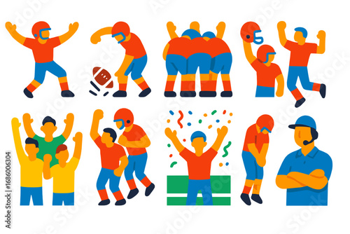 Football Celebration Icons. Flat vector icons of football celebrations: touchdown dance, end zone spike, team huddle, victory jump
