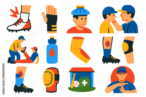 Baseball Safety Icons. Flat vector icons of baseball injuries and safety: ankle sprain, wrist brace, ice pack, concussion check,
