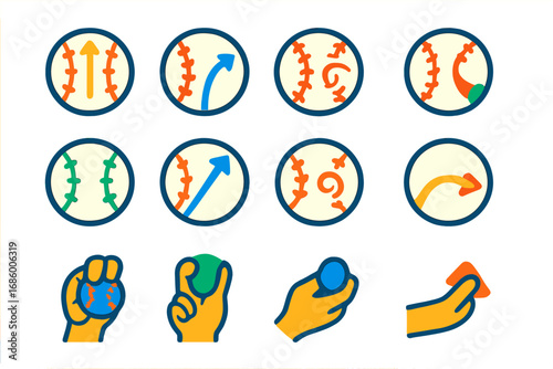 Baseball Pitch Icons. Flat vector icons of baseball pitches: fastball, curveball, slider, changeup, knuckleball, sinker, cutter,