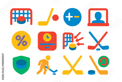 Hockey Stats Icons. Flat vector icons of hockey stats and analysis: goals icon, assists symbol, plus-minus rating, penalty minutes