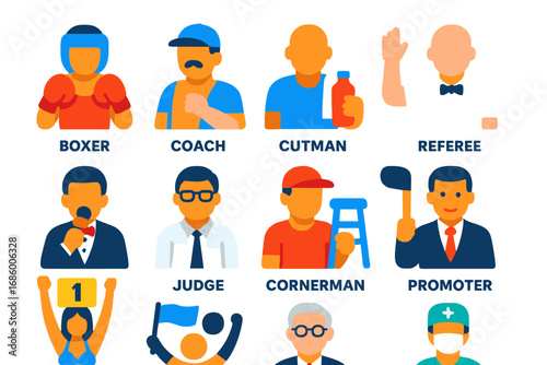 Boxing Team Icons. Flat vector icons of boxing roles and team: boxer icon, coach icon, cutman, referee, ring announcer, judge,