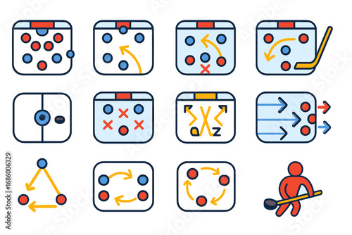 Hockey Tactics Icons. Flat vector icons of hockey tactics and formations: power play setup, penalty kill, breakout pattern,