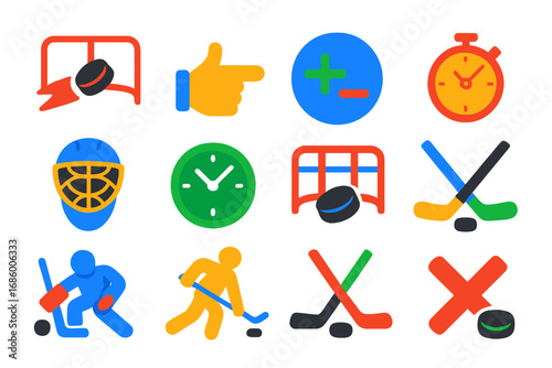 Hockey Stats Icons. Flat vector icons of hockey stats and analysis: goals icon, assists symbol, plus-minus rating, penalty minutes